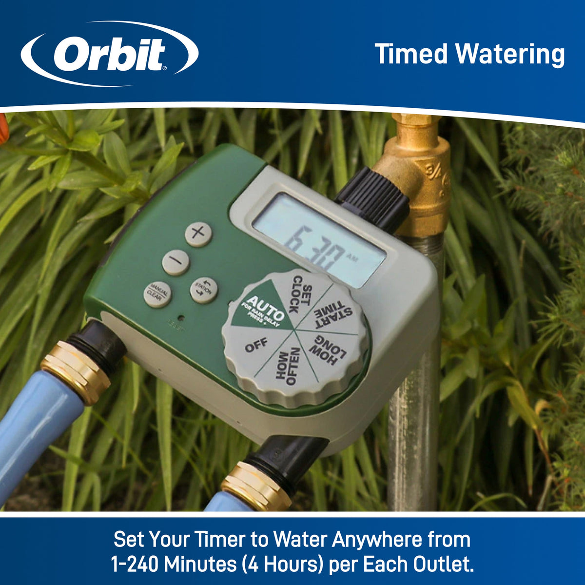 Timed-watering graphic showing the two-outlet timer connected to hoses