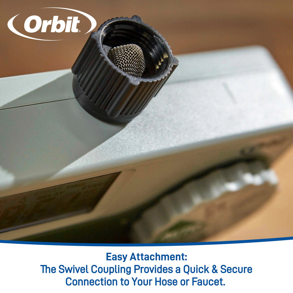 Close-up of the timer's black faucet coupling and metal inlet screen