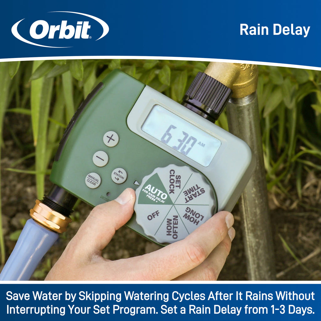 Rain-delay graphic showing a hand adjusting the timer's dial