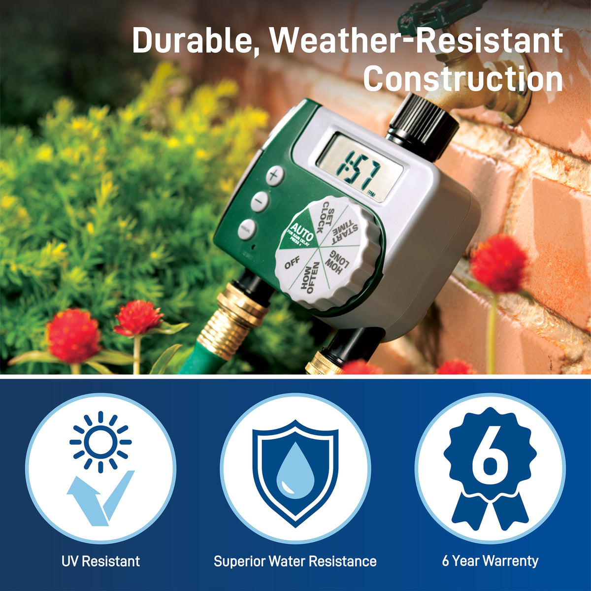 Outdoor timer promotional graphic with UV, water-resistance and warranty icons