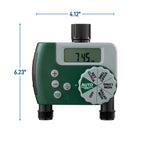 Dimension graphic of the two-outlet timer labeled 4.12 inches wide and 6.23 inches high