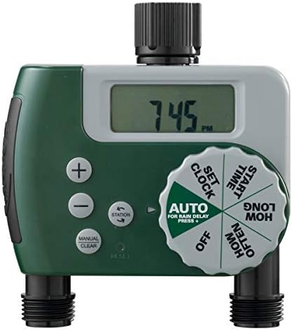 Green and gray Orbit hose timer with digital display, large selector dial and two threaded outlets