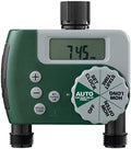 Green and gray Orbit hose timer with digital display, large selector dial and two threaded outlets