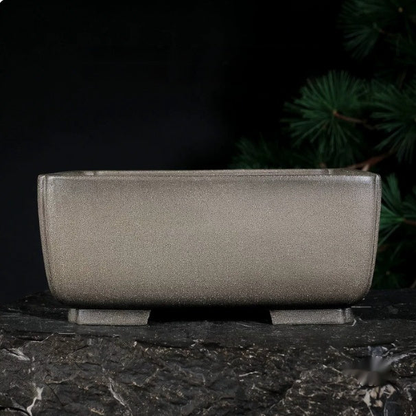 Plain gray-brown rectangular bonsai pot with rounded corners and block feet