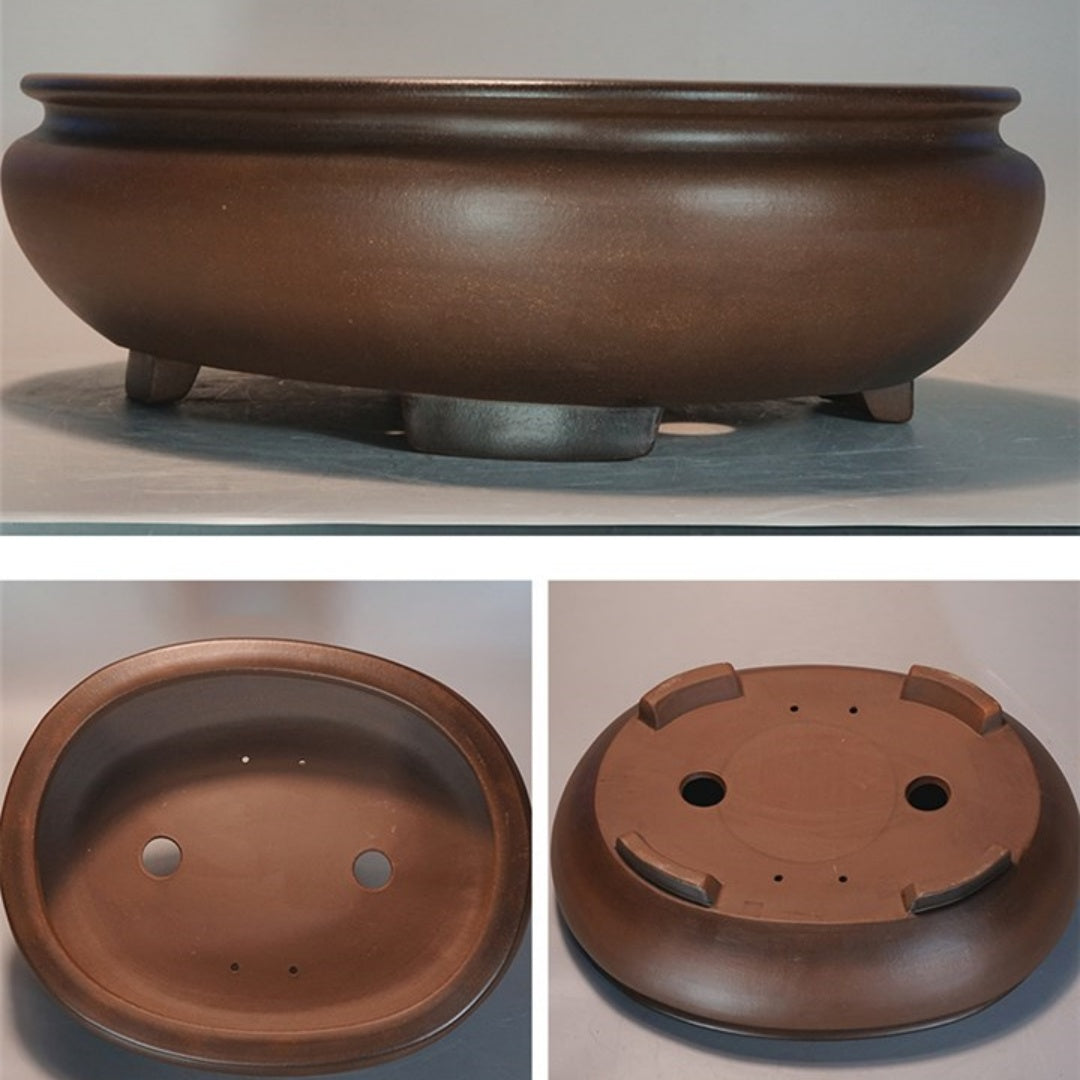 Collage showing the brown oval pot's front, interior and base with two drainage holes