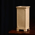 Tall pale tan square bonsai pot with framed panels and notched feet