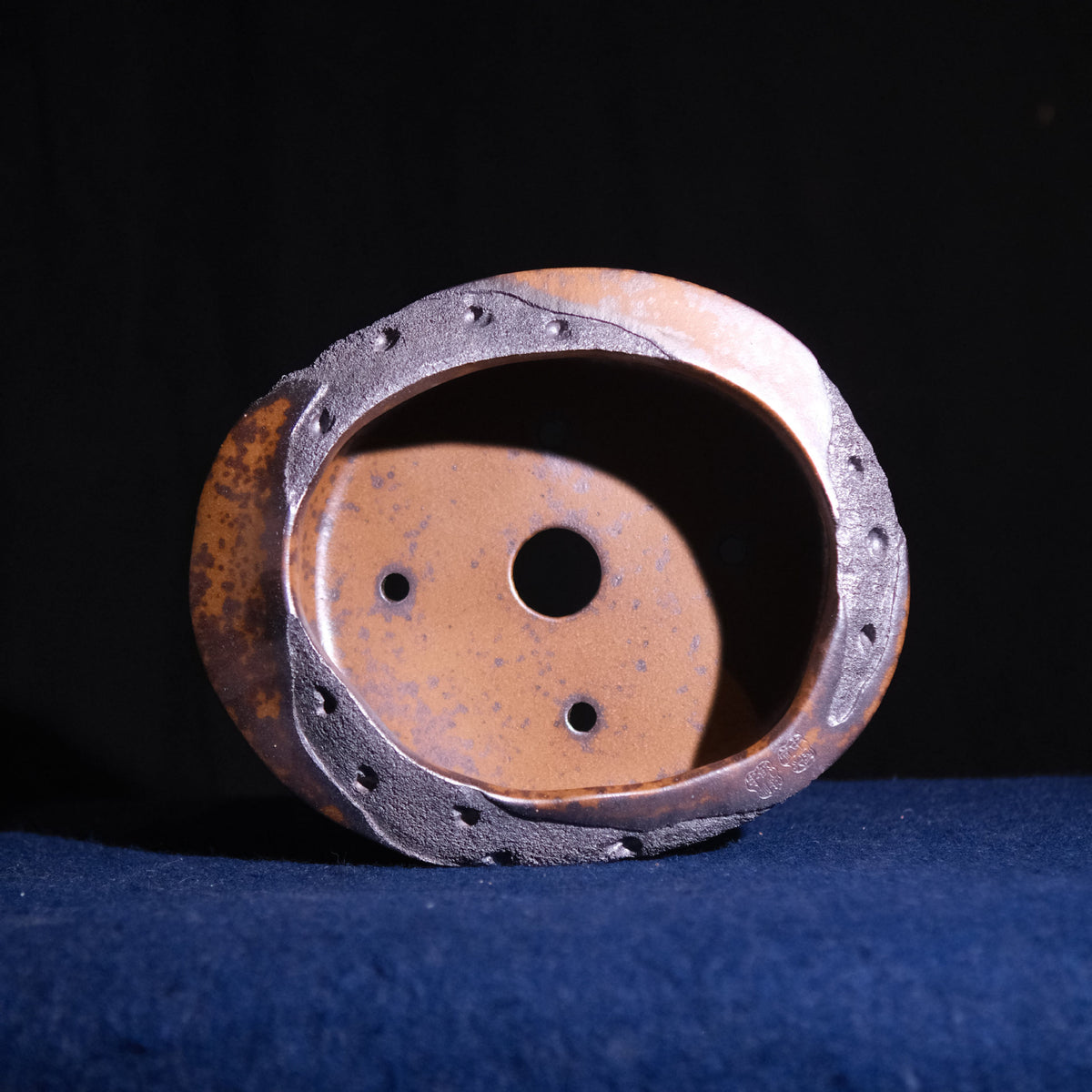 11.6" Oval Yixing Zisha Clay Bonsai Pot - Wood-Fired, Asymmetric Rim — inside view with drainage openings