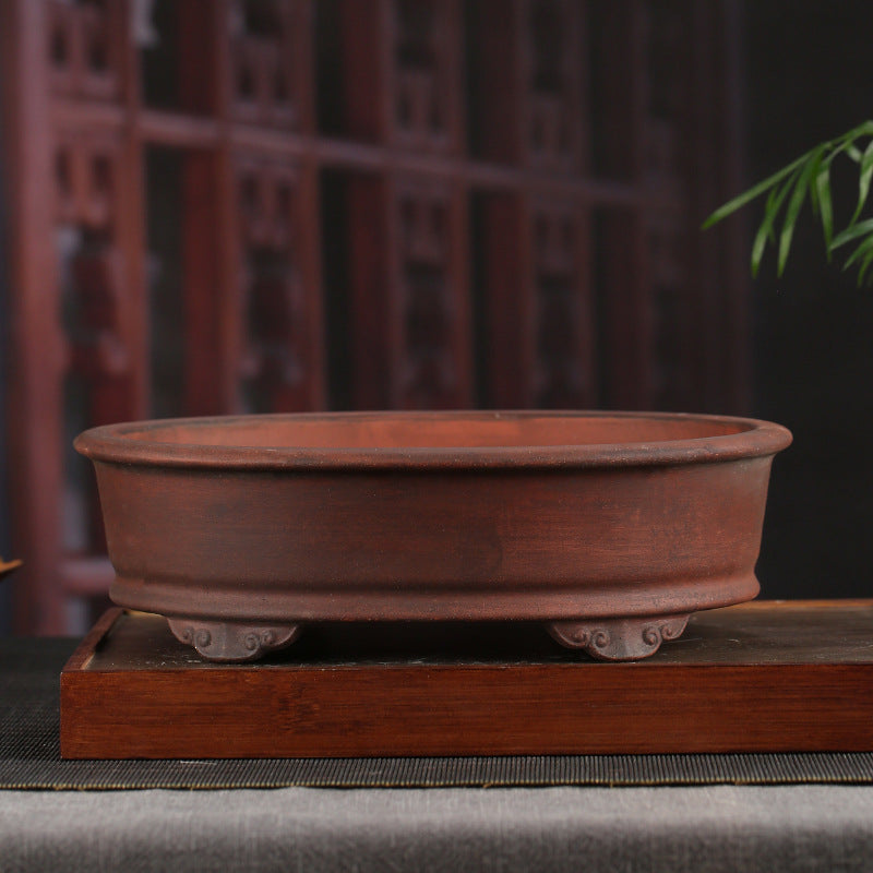 Rustic reddish-brown oval purple-clay bonsai pot