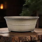 Taupe round bonsai pot with rope-pattern rim and decorative feet on a stump