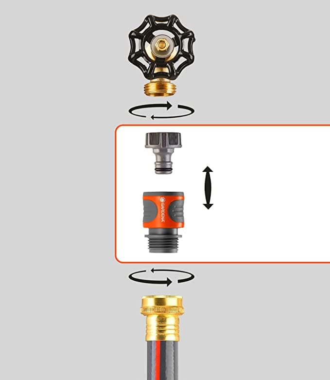 Diagram showing a quick connector between a threaded garden faucet and hose