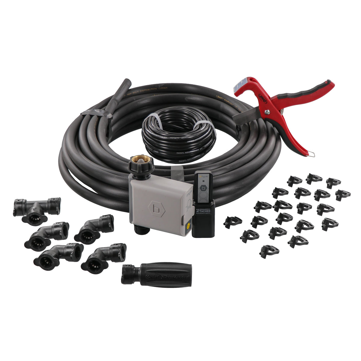 Irrigation kit with coiled tubing, gray B-hyve timer, black hub, red cutter and assorted fittings