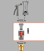 Diagram showing a quick connector between watering accessories and a garden hose
