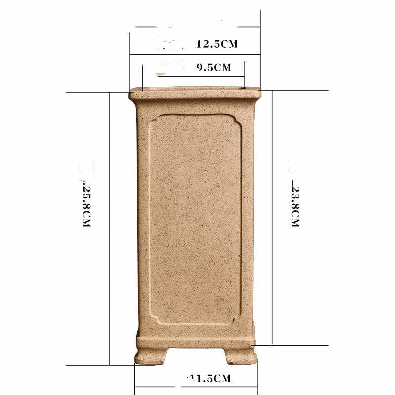 Dimension diagram of tall tan square pot with height and width arrows