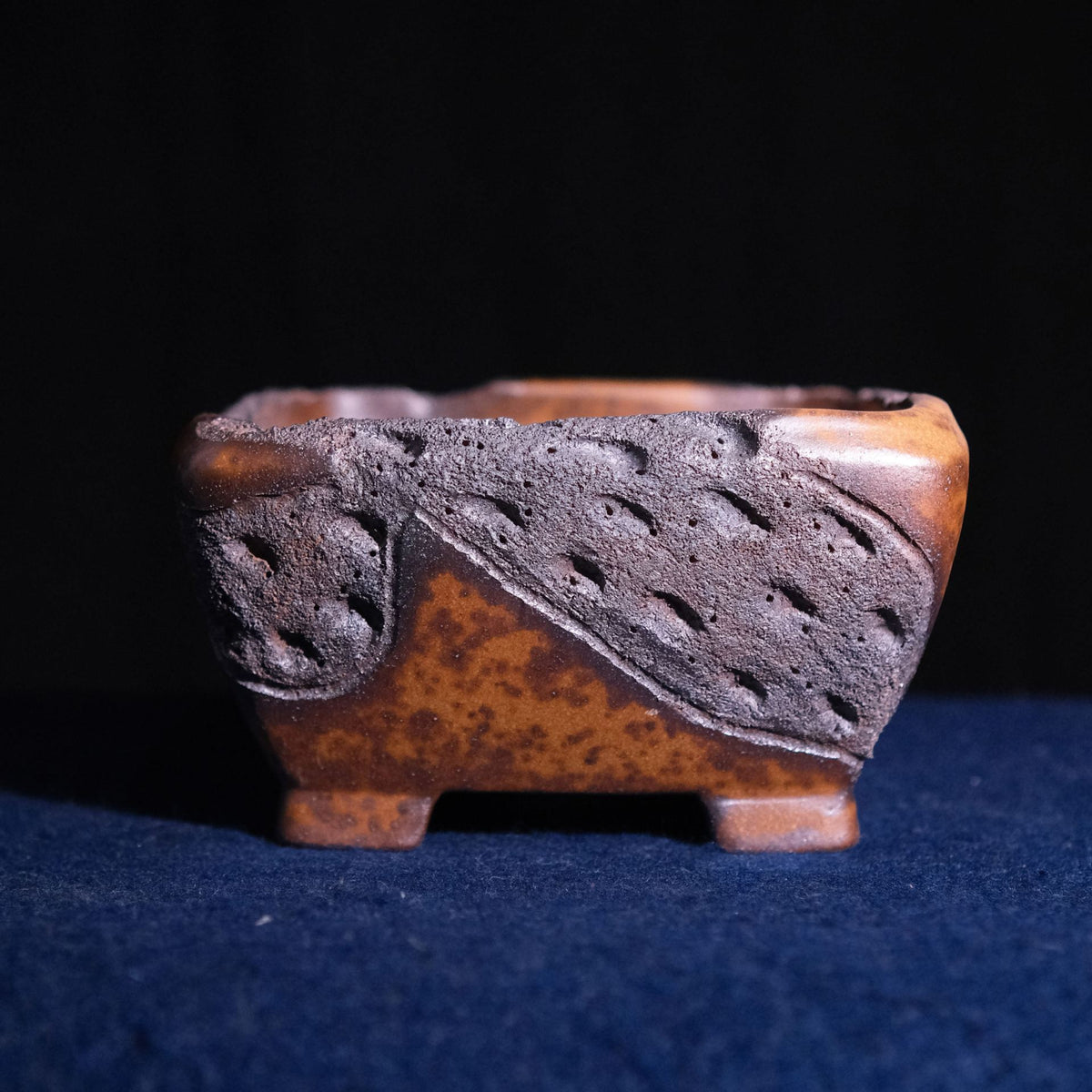 8.3" Square Yixing Zisha Clay Bonsai Pot - Wood-Fired Texture — front view