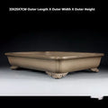 Angled taupe rectangular bonsai pot with measurement labels