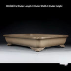 Angled taupe rectangular bonsai pot with measurement labels