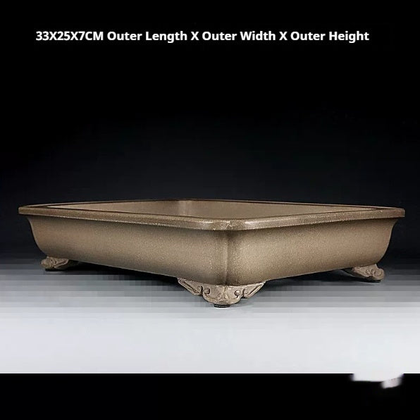 Angled taupe rectangular bonsai pot with measurement labels