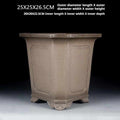 Angled tall taupe square pot with measurement annotations