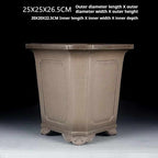 Angled tall taupe square pot with measurement annotations