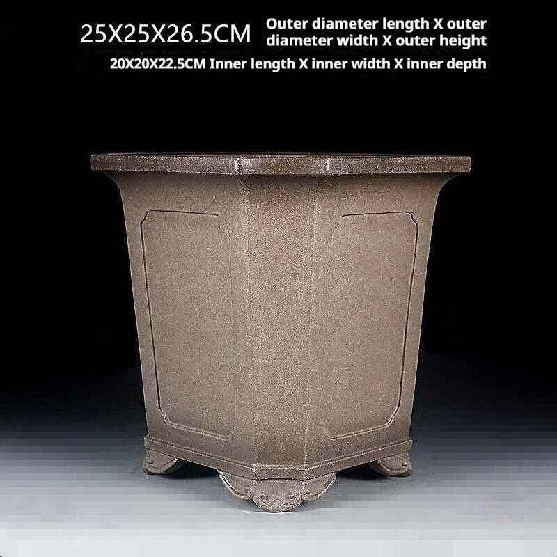 Angled tall taupe square pot with measurement annotations