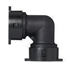 Close-up of a black right-angle irrigation connector