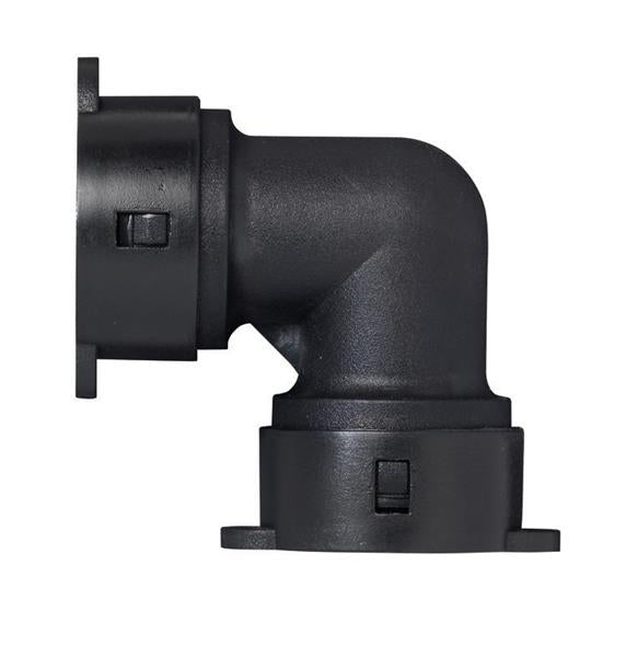 Close-up of a black right-angle irrigation connector