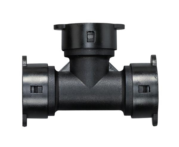 Close-up of a black three-way tee irrigation connector