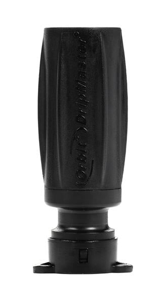 Black cylindrical irrigation fitting with a flared connector base
