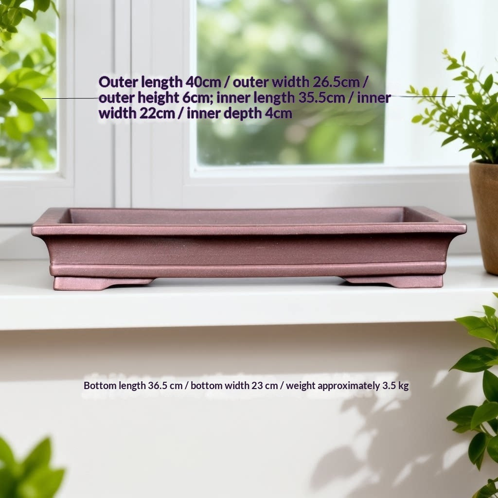 Brown rectangular pot on a windowsill with measurement labels