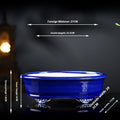 Cobalt blue oval bonsai pot with decorative feet and exterior and interior measurement arrows