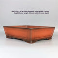 Orange-brown rectangular bonsai pot with measurement labels above