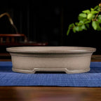 Taupe oval bonsai pot with a broad rim and notched base
