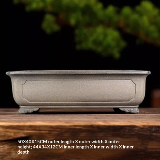 Taupe rectangular pot with exterior and interior measurement labels