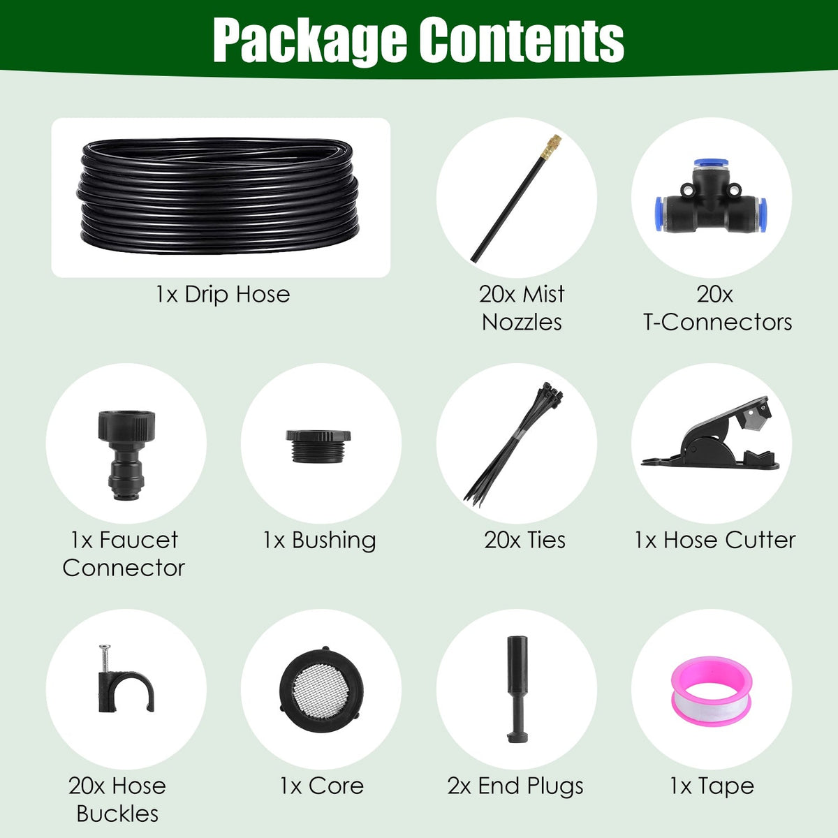 Package-contents grid showing hose, 20 mist nozzles, 20 tees, ties, clips, cutter, tape and adapters