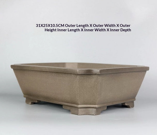 Taupe rectangular pot with exterior size annotation