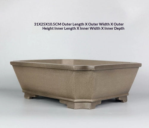 Taupe rectangular pot with exterior size annotation