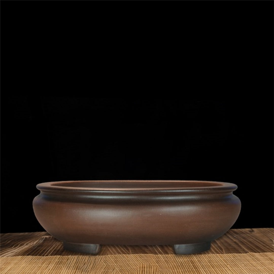 Brown oval bonsai pot with rounded body, rolled rim and block feet