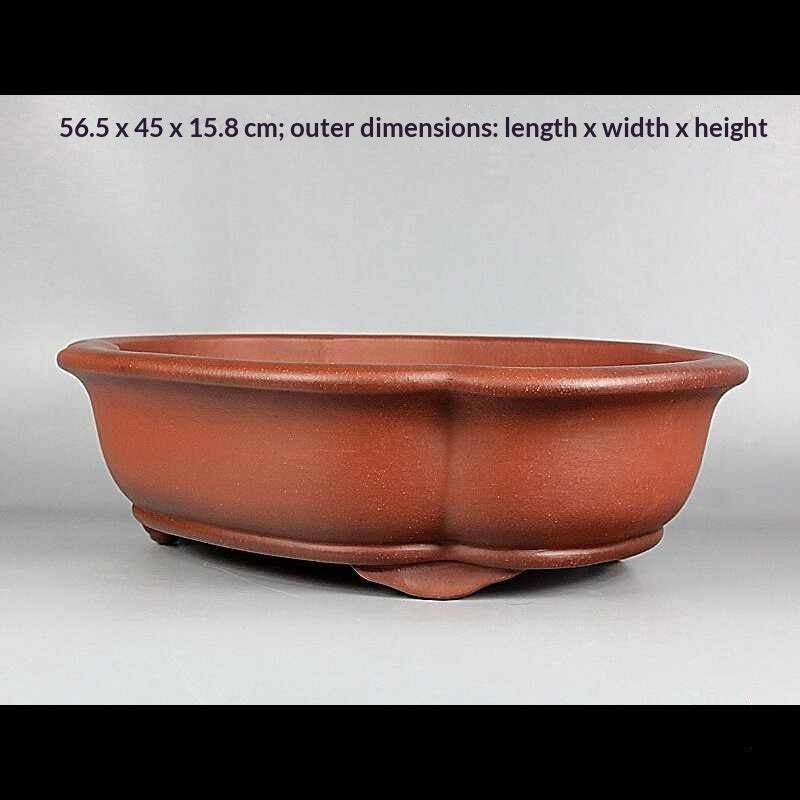 Angled red-orange lobed pot with exterior measurement labels