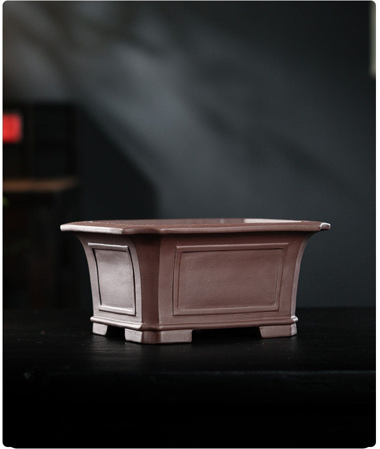 Deep brown rectangular Zisha bonsai pot, side view