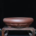 Angled brown round pot showing petal decoration and sculpted feet