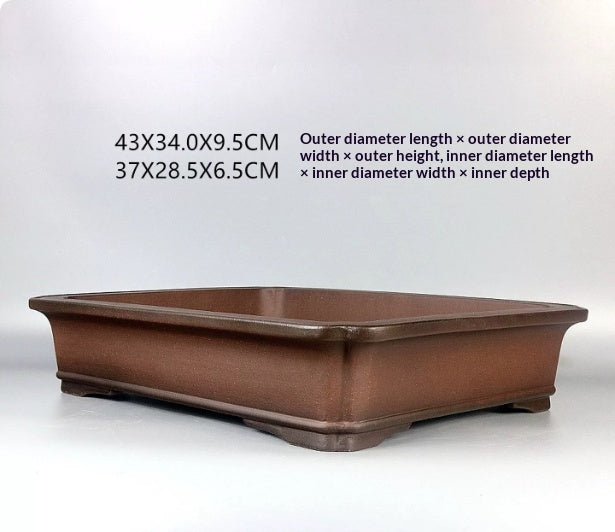 Brown rectangular bonsai pot, angled dimension view