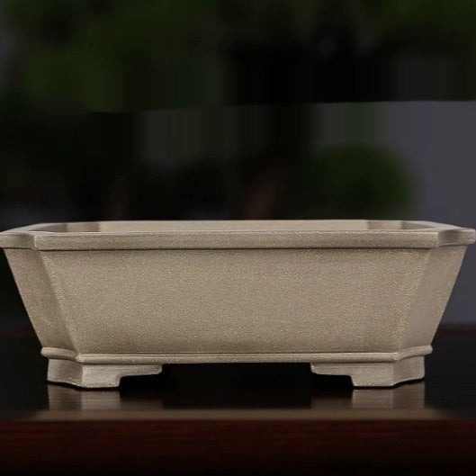 Taupe rectangular Yixing bonsai pot, angled view