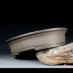 Taupe oval pot tilted on a stone showing side profile