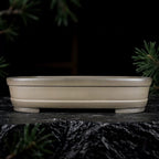 Taupe shallow rectangular pot with rounded corners and lower band