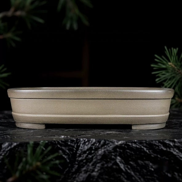 Taupe shallow rectangular pot with rounded corners and lower band
