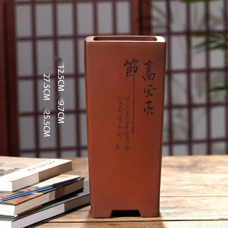 Tall reddish-brown square pot with calligraphy and measurement labels