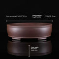 Brown oval bonsai pot with exterior and interior measurement arrows