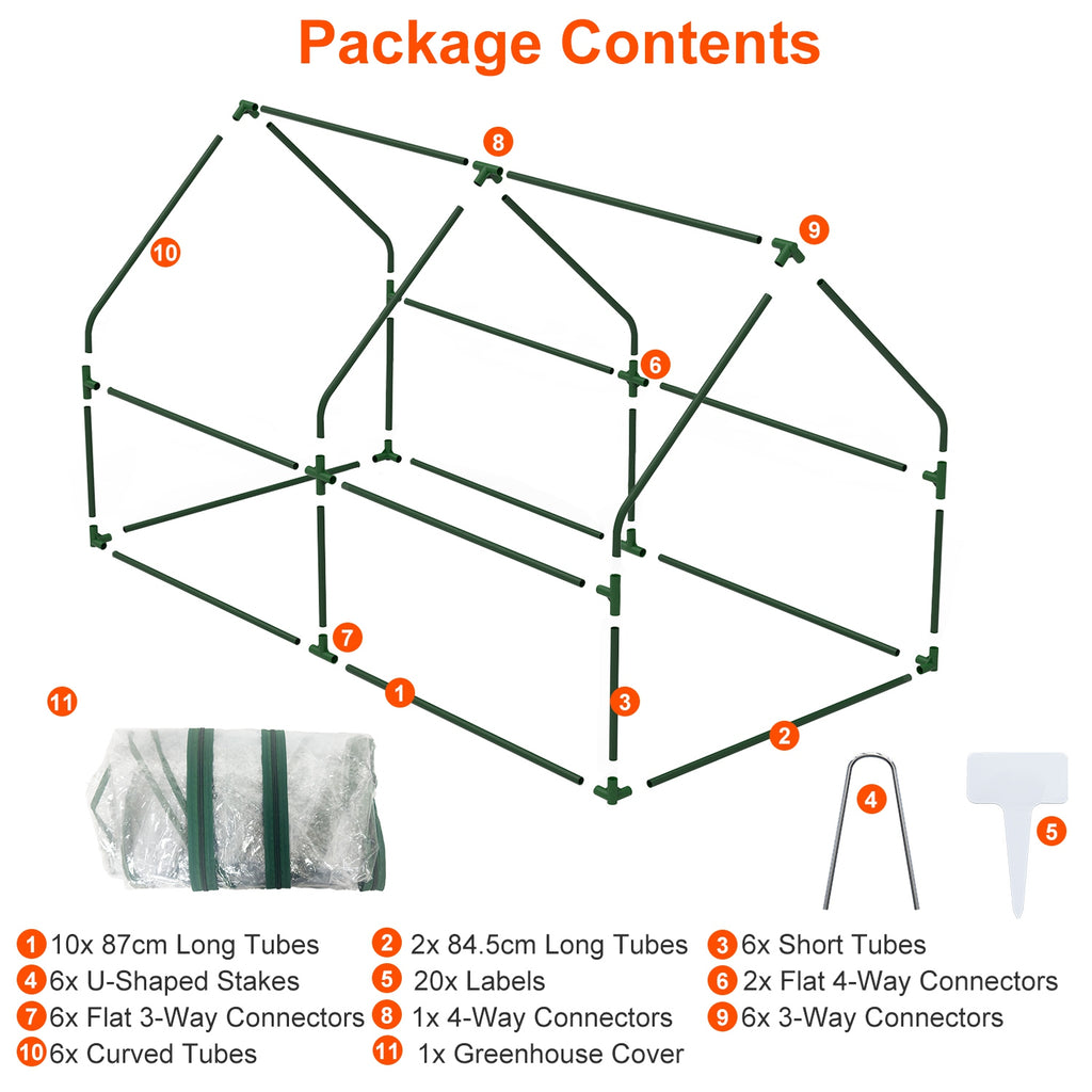 Mini greenhouse frame parts connectors stakes and labels