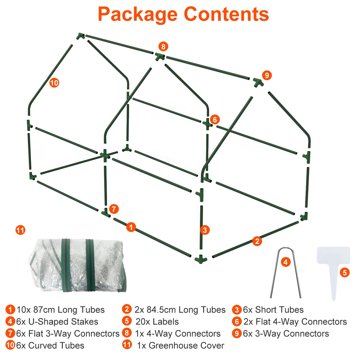 Mini greenhouse frame parts connectors stakes and labels