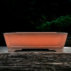 Orange-brown rectangular bonsai pot with recessed side panel and low feet